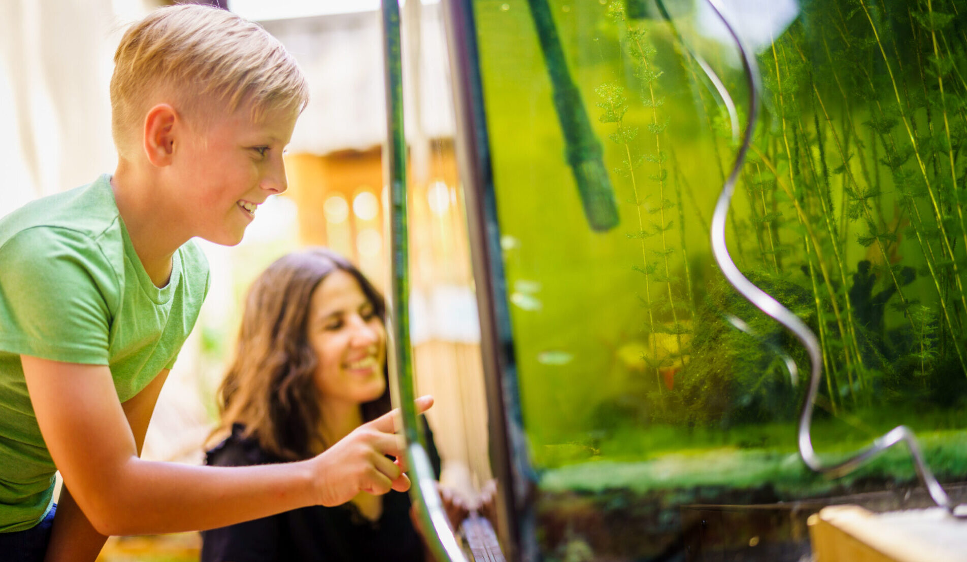 Kjell und Sabrina am Aquarium  vom Besucherzentrum „NaturParkHaus Stechlin“, fotografiert am 30. Juli 2021. 
Foto: André Wirsig für die Regio Nord